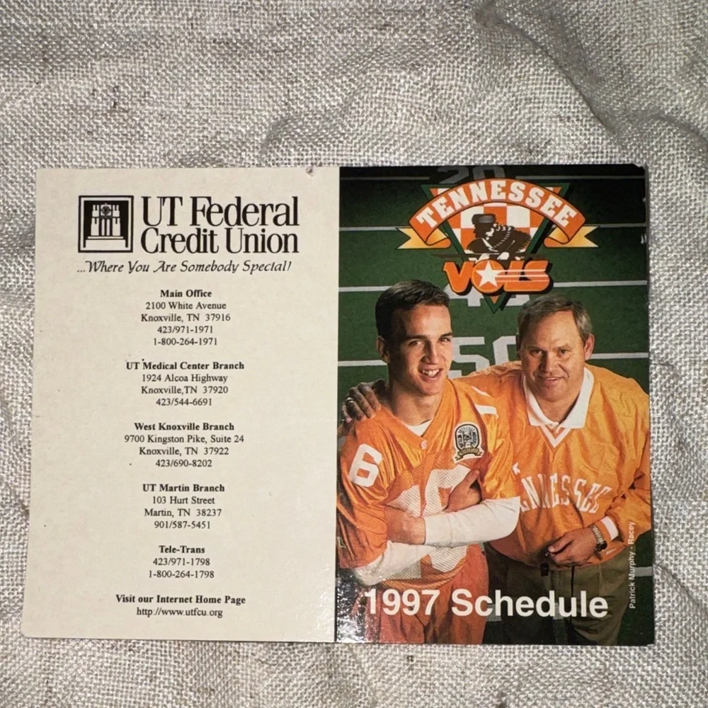 Tennessee Volunteers 1997 Schedule Card Peyton Manning and coach Phillip Fulmer